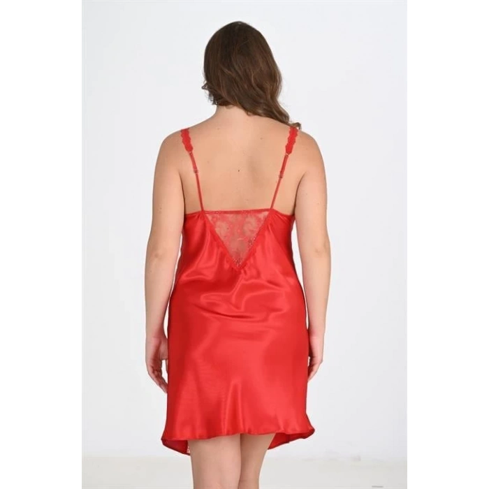 Arias Closet Premium Büyük Beden Saten Dantel İşlemeli Kırmızı Gecelik Bigsize