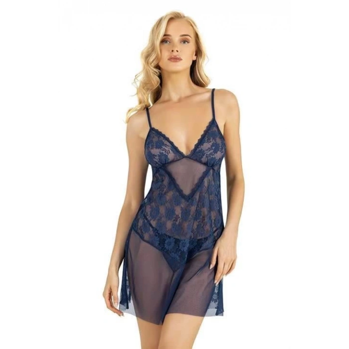 Arias Closet Dantel İşlemeli Lacivert Kısa Tül Gecelik