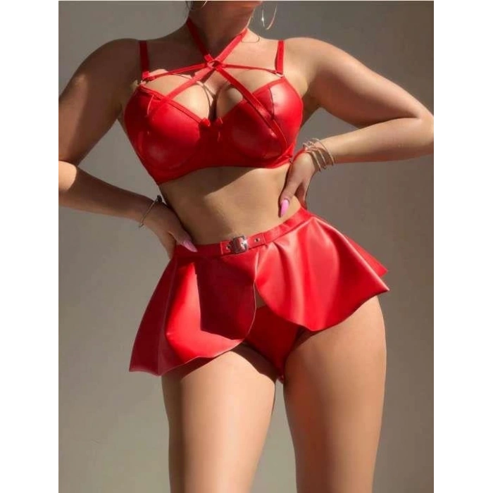 Arias Closet Özel Tasarım Kırmızı Etekli Fantezi Deri Şık Elbise