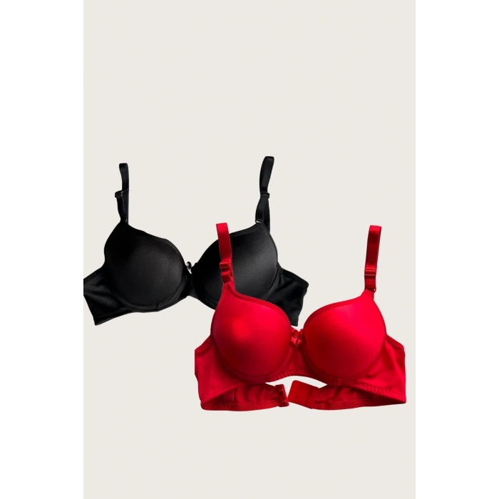 Arias Closet Siyah-Kırmızı 2li Mikro Kumaş İçi Boş Balenli Günlük Desteksiz Sütyen