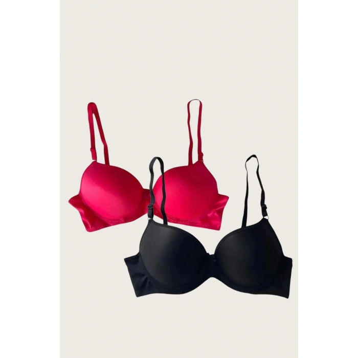 Arias Closet Siyah-Kırmızı 2li Mikro Kumaş Push Up Dolgulu Balenli Günlük Destekli Sütyen