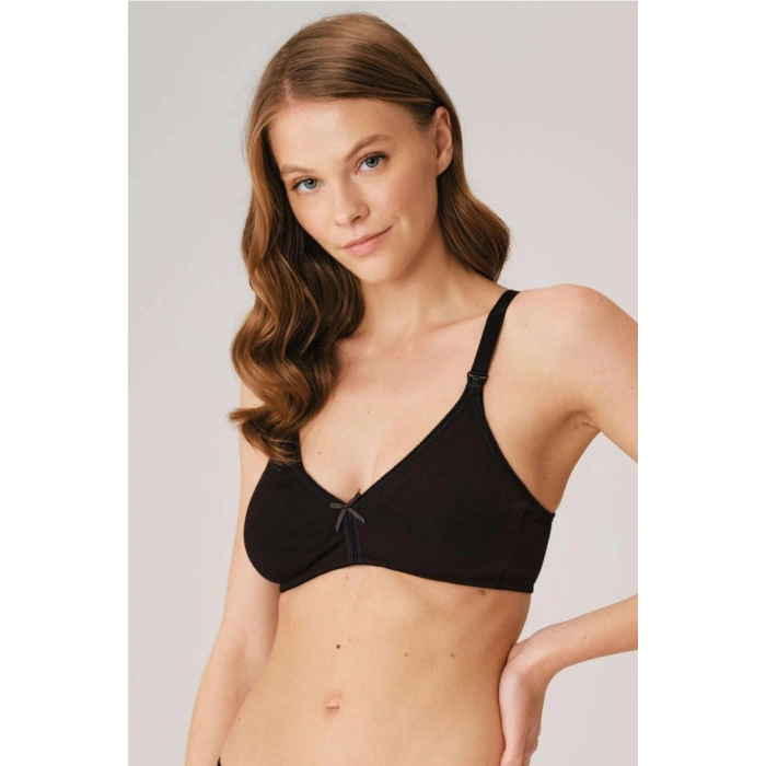 Pamuklu Balensiz Lohusa Önden Açılan Siyah Emzirme Sütyeni