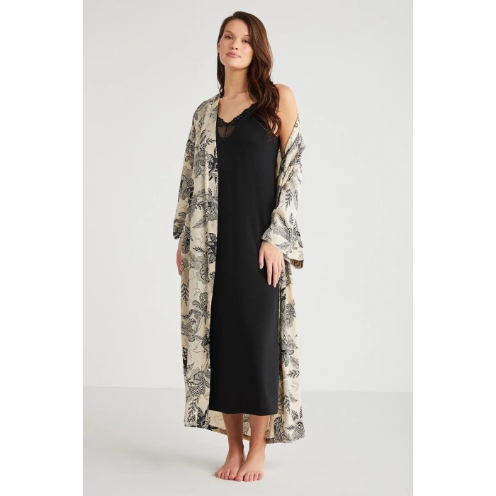 Penye Mood %100 Viskon Çiçek Desen 2li Sabahlık Gecelik Takımı