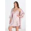 Arias Closet Premium Büyük Beden Saten Dantel İşlemeli Pudra 2li Gecelik Sabahlık Takımı Bigsize