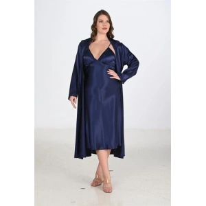 Arias Closet Premium Büyük Beden Saten Lacivert Uzun 2li Gecelik Sabahlık Takımı Bigsize