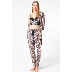 Arias Closet Kadife Çiçek Desenli Sabahlık Balenli Destekli Dolgulu Yaka Detaylı Dantelli Büstiyer Sütyen ve Pantolon Pijama 3lü Takım