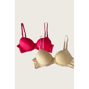 Arias Closet Kırmızı-Ten 2li Mikro Kumaş İçi Boş Balenli Günlük Desteksiz Sütyen