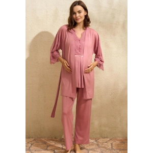 Arias Closet Sıfır Kol V Yaka Kadın Viskon Düz Yazlık Uzun Dantel Detaylı Hamile Pijama Takımı Sabahlık