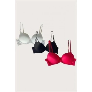 Arias Closet Beyaz-Siyah-Kırmızı 3lü Mikro Kumaş Push Up Dolgulu Balenli Günlük Destekli Sütyen