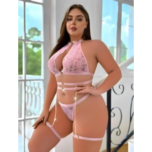 Arias Closet Büyük Beden Pembe Dantel İşlemeli Zincir Detaylı Jartiyer Takımı