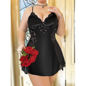 Arias Closet Büyük Beden Siyah Dantel İşlemeli İnce Askılı Saten Gecelik