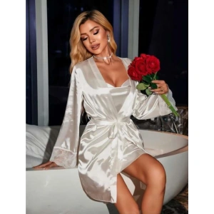 Arias Closet Dantel İşlemeli İnce Askılı Beyaz Saten 2li Gecelik Sabahlık Takımı