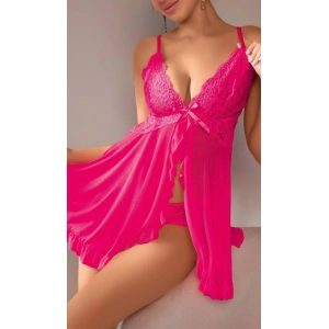 Arias Closet Fuşya Dantel İşlemeli Yırtmaçlı Transparan Fantezi Tül Gecelik