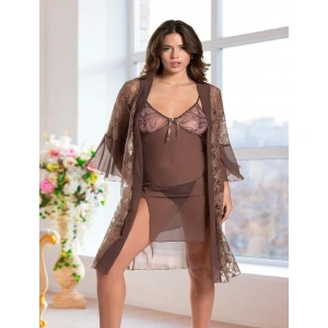 Arias Closet Haki Transparan Dantel İşlemeli Tül Yırtmaçlı 2li Gecelik Takımı