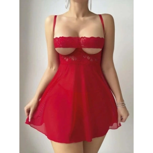 Arias Closet Kırmızı Dantel İşlemeli Göğüs Dekolteli Fantezi String Tül Gecelik Takımı