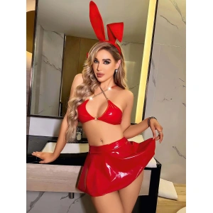 Arias Closet Kırmızı Zincir Detaylı Fantezi Deri Etekli Tavşan Kostümü