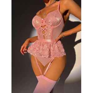 Arias Closet Pembe Dantel İşlemeli Kalp Desenli Fantezi Jartiyer Takımı