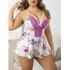 Arias Closet Büyük Beden Beyaz Üstüne Mor Çiçek Desenli Dantel İşlemeli İnce Askılı Şort Gecelik