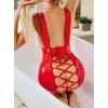 Arias Closet Kırmızı Arkası İp Dekolteli Mini Fantezi Parlak Deri Elbise