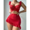Arias Closet Kırmızı Transparan Fantezi Etekli Fırfırlı Sütyen Takım