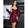 Arias Closet Özel Tasarım Sırt Dekolteli Sabahlıklı Saten Bordo 2li Gecelik Takımı