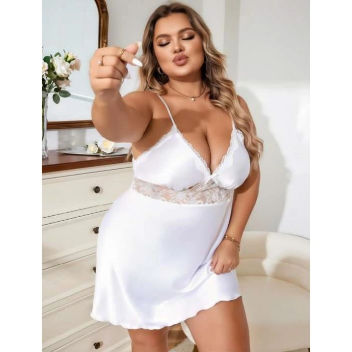 Arias Closet Büyük Beden Beyaz Dantel İşlemeli Saten Gecelik