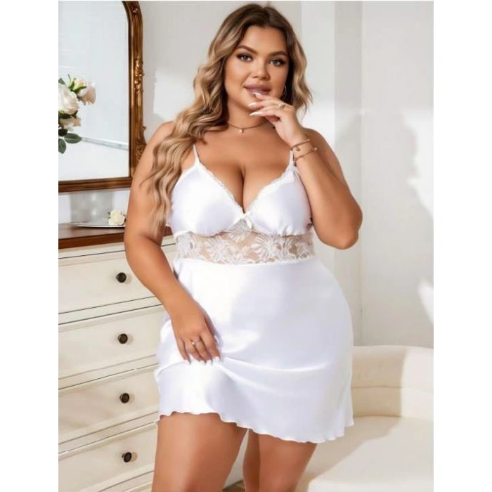 Arias Closet Büyük Beden Beyaz Dantel İşlemeli Saten Gecelik