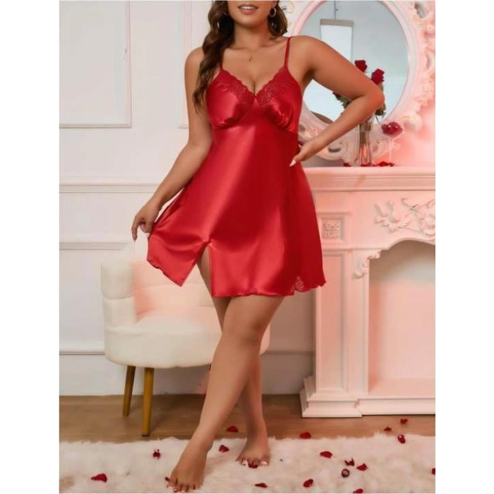 Arias Closet Büyük Beden Kırmızı Dantel Detaylı Saten Gecelik
