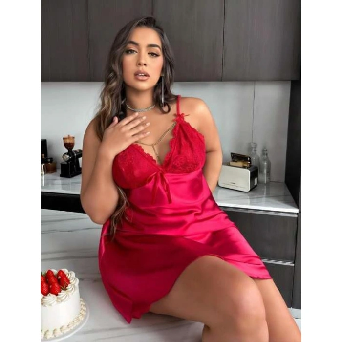Arias Closet Büyük Beden Kırmızı Dantel İşlemeli Saten Gecelik