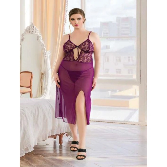 Arias Closet Büyük Beden Mor Dantelli Tül Fantezi Uzun Yırtmaçlı Gecelik