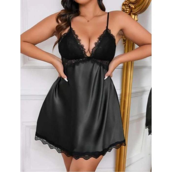 Arias Closet Büyük Beden Siyah Dantel Detaylı Saten Gecelik