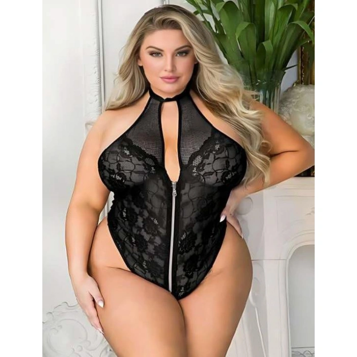 Arias Closet Büyük Beden Siyah Dantel İşlemeli Fermuarlı Fantezi Babydoll