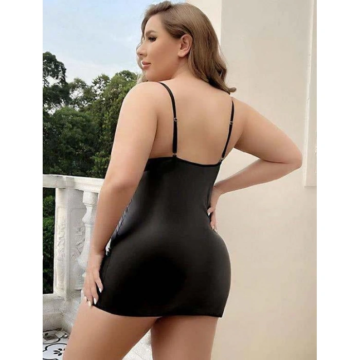 Arias Closet Büyük Beden Siyah Deri Metal Aksesuarlı Fantezi Elbise