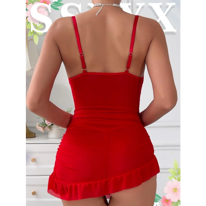 Arias Closet Fırfırlı Dantel İşlemeli Tül Fantezi Kırmızı Gecelik