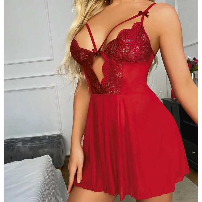 Arias Closet Kırmızı Dantel İşlemeli Göğüs İp Detaylı Fantezi Tül Gecelik Takımı