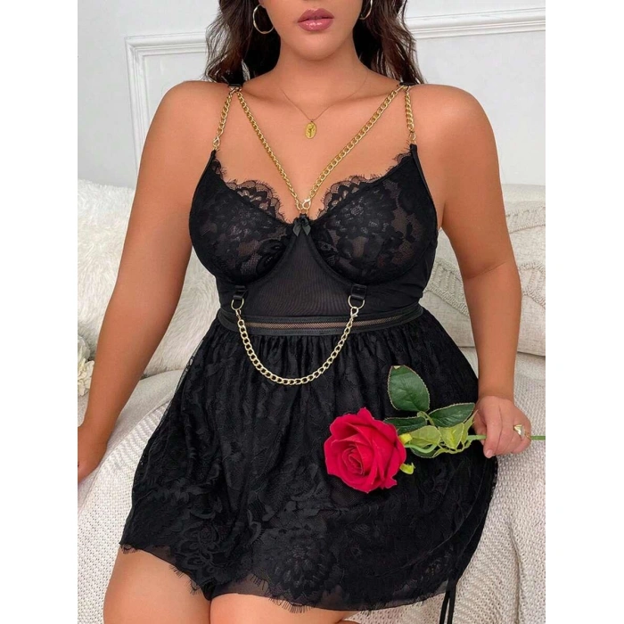 Arias Closet Özel Tasarım Büyük Beden Fantezi Zincir Detaylı Dantelli Gecelik