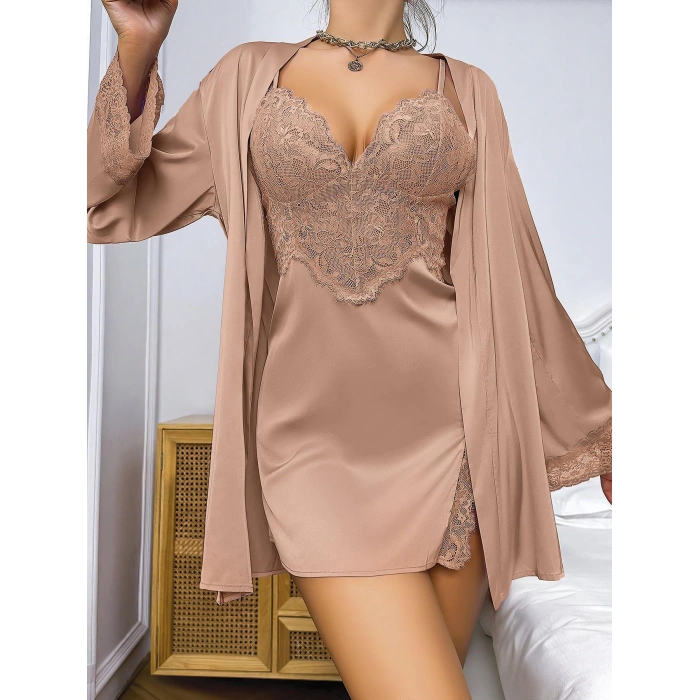 Arias Closet Özel Tasarım Dantel İşlemeli Şık Göğüs Dekolteli Sabahlıklı 2li Saten Gecelik Takımı