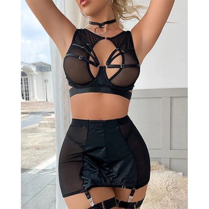 Arias Closet Özel Tasarım Seksi Etekli Siyah Fantezi Jartiyer Takımı