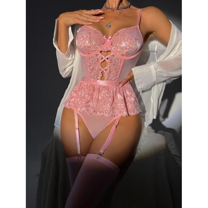 Arias Closet Pembe Dantel İşlemeli Kalp Desenli Fantezi Jartiyer Takımı