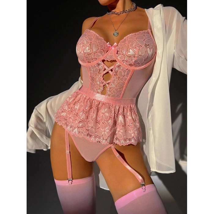 Arias Closet Pembe Dantel İşlemeli Kalp Desenli Fantezi Jartiyer Takımı