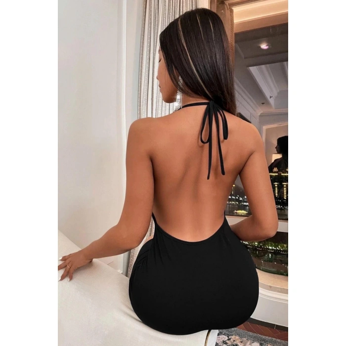 Arias Closet Siyah Boyundan Bağlamalı Sırt Dekolteli Mini Club Elbisesi