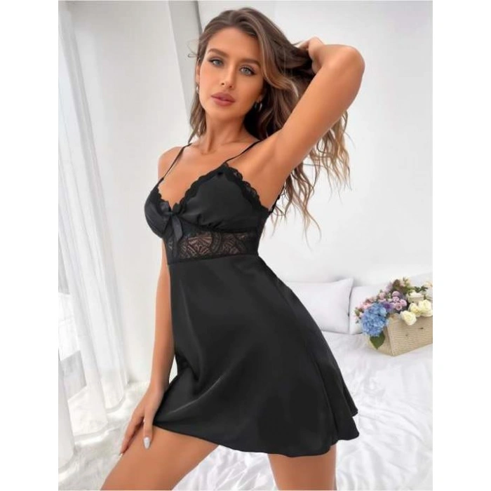 Arias Closet Siyah Dantel Detaylı İnce Askılı Saten Kısa Fantezi Gecelik