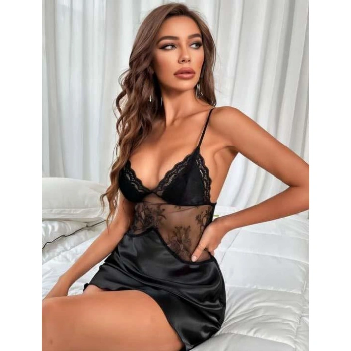 Arias Closet Siyah Dantel Detaylı İnce Askılı Saten Kısa Fantezi Gecelik