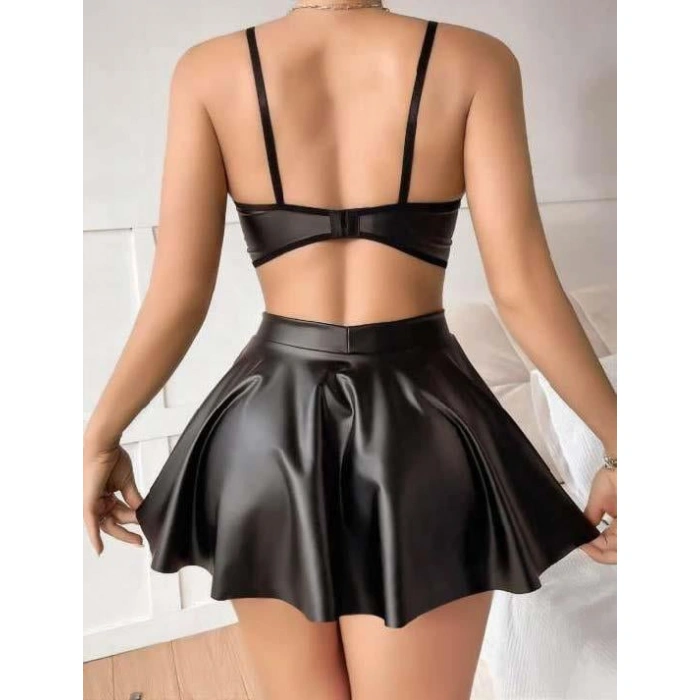 Arias Closet Siyah Etekli Şık Fantezi Deri Elbise