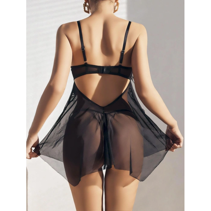 Arias Closet Siyah Göğüsleri Kurdela Detaylı Fantezi Şık Tül Gecelik