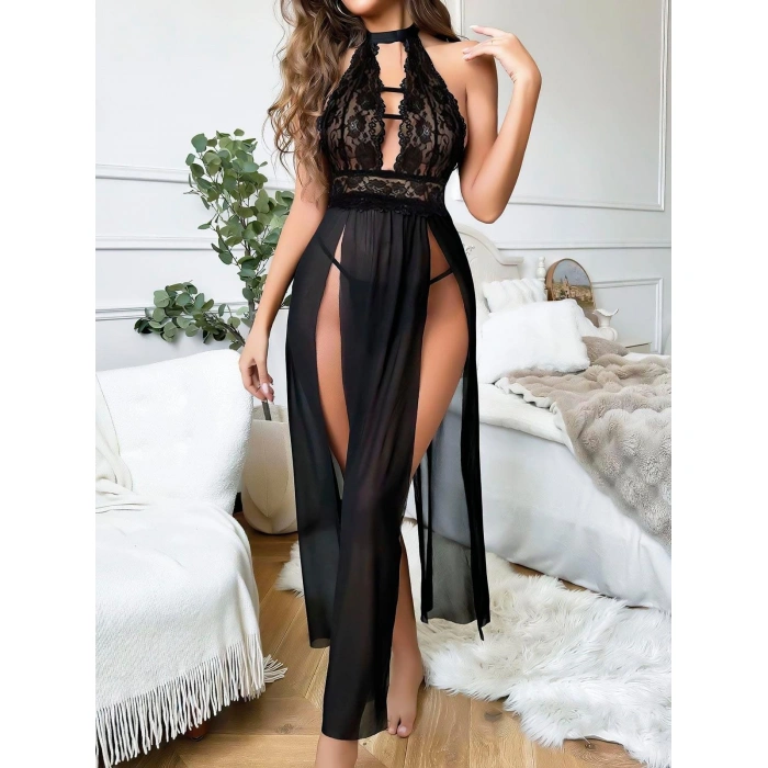 Arias Closet Siyah Uzun Derin Dekolteli Dantel Fantezi Gecelik