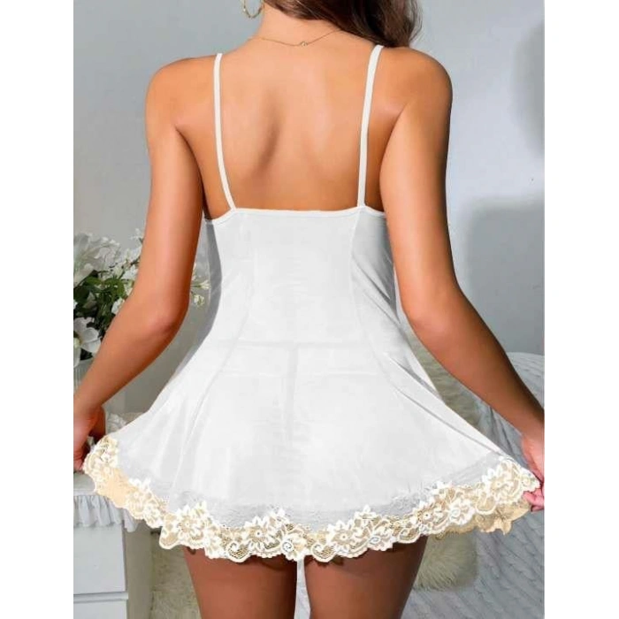 Arias Closet Beyaz Dantel İşlemeli İnce Askılı Likralı Fantezi Tül Gecelik