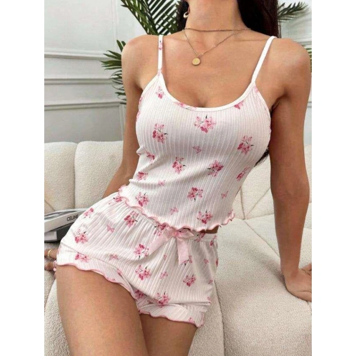 Arias Closet Beyaz Üstüne Çiçek Desenli Fitilli Askılı Şortlu Pijama Takımı