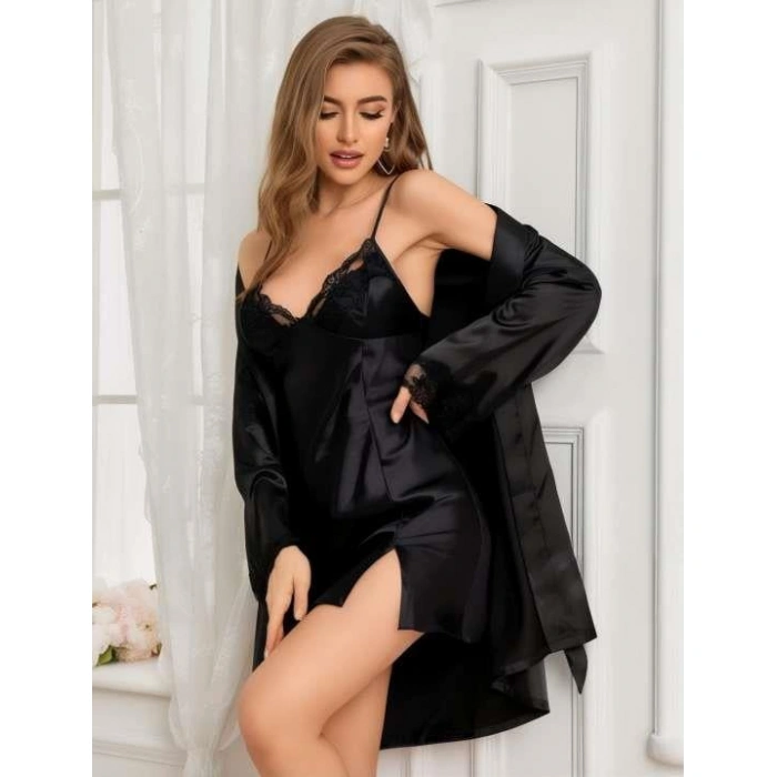 Arias Closet Siyah Dantel İşlemeli İnce Askılı Yırtmaçlı 2li Saten Gecelik Sabahlık Takımı