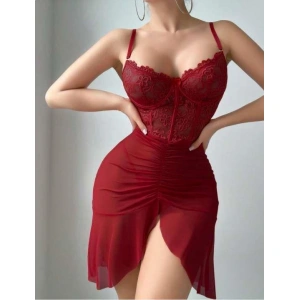 Arias Closet Fırfırlı Dantel İşlemeli Tül Fantezi Bordo Gecelik